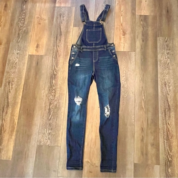 TRUE CRAFT Bib Overalls Womens Size 3 Blue Denim Gradient Wash Distressed Skinny - Picture 1 of 16